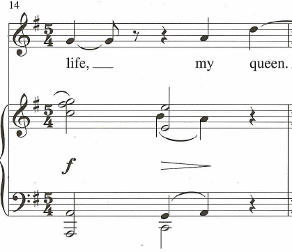 rhythmic pulse in measure 14